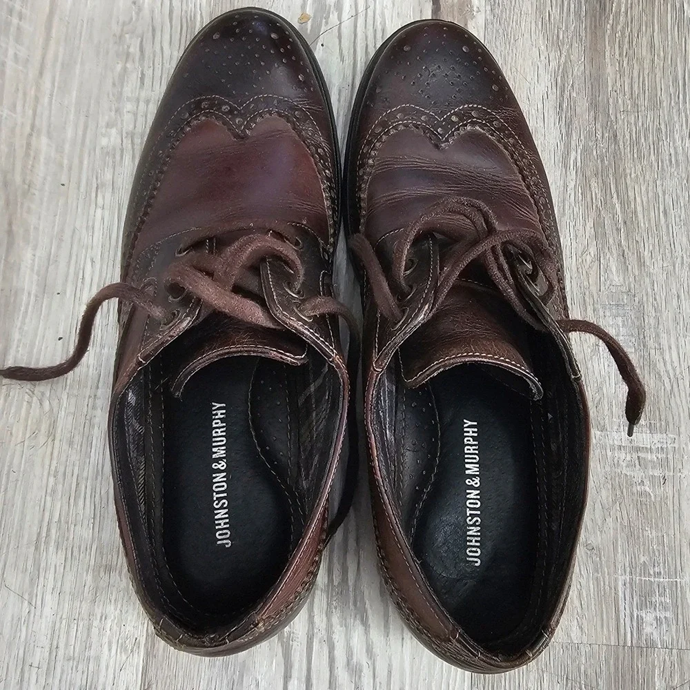 Johnston & Murphy Mens Brown Leather Wingtip Brogue Oxford Dress‎ Shoes Two Tone